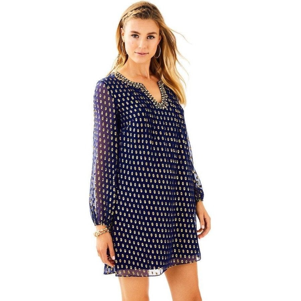 Lilly Pulitzer Womens Colby Silk Tunic Dress in True Navy Crinkle Sz 00 | Preppy